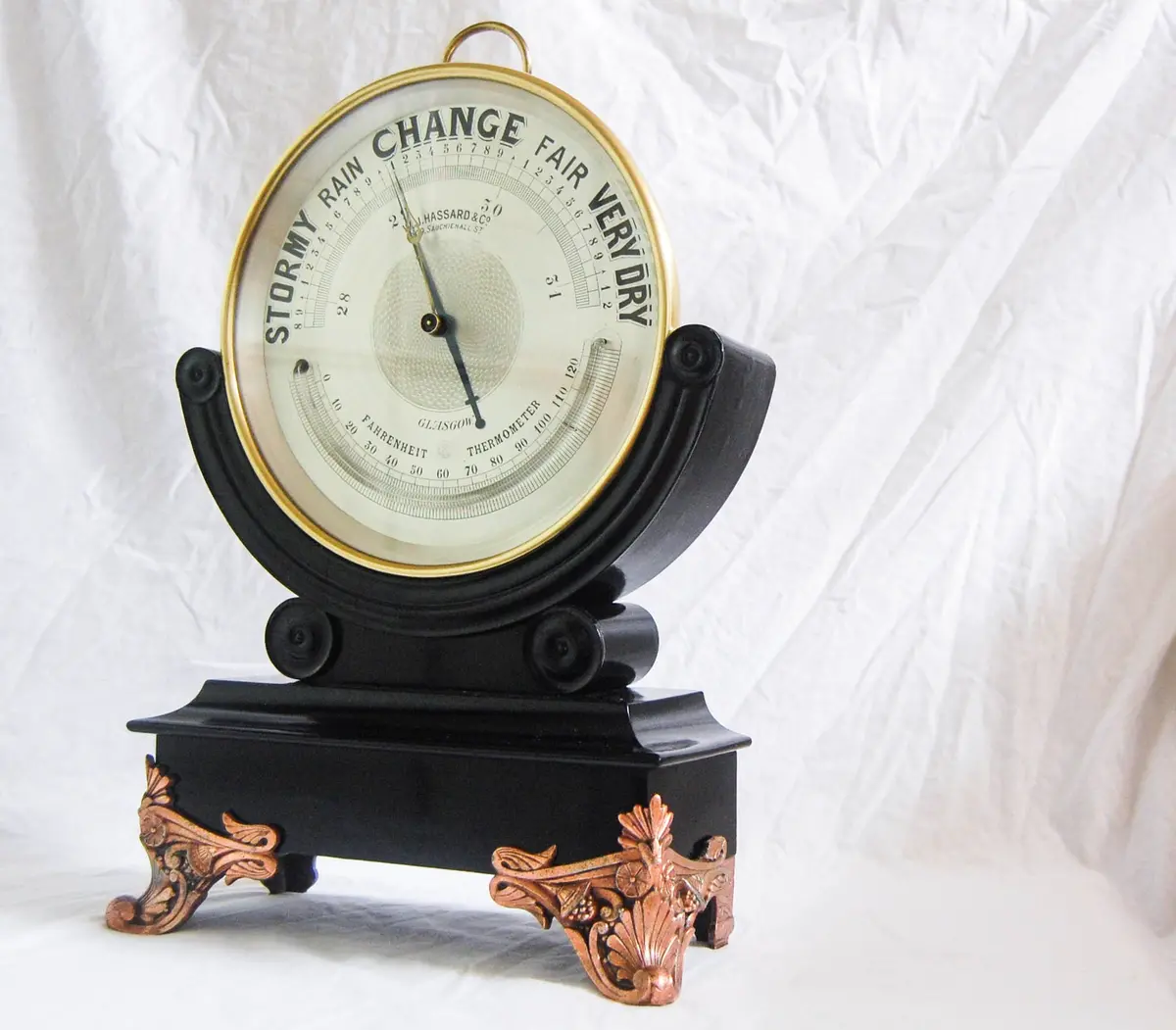 Huge Late Victorian 10" Dial Brass Aneroid Barometer On Ebonised Stand By Wj Hassard Opticians Glasgow 1