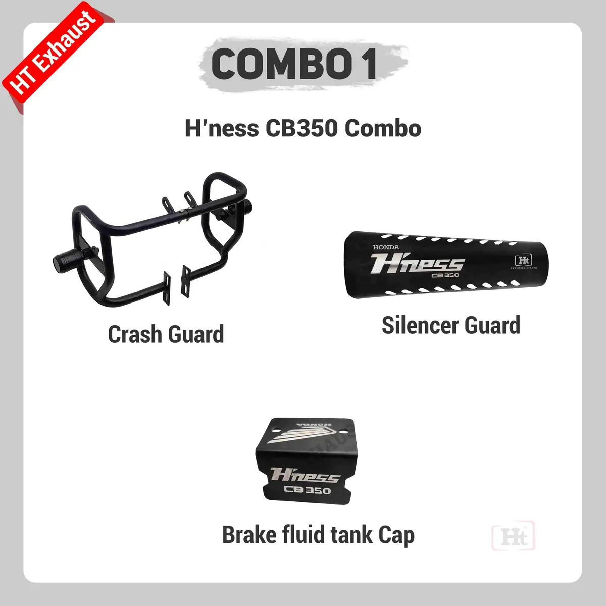 Combo 1 Cb Hness 350 Crash Guard + Silencer Guard + Brake Fluid Cap – Ht Exhaust 1