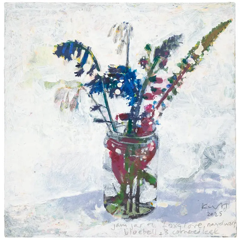 Jam Jar Of Foxgloves, Navelwort, Bluebells...Greeting Card. Pack Of 4. 1
