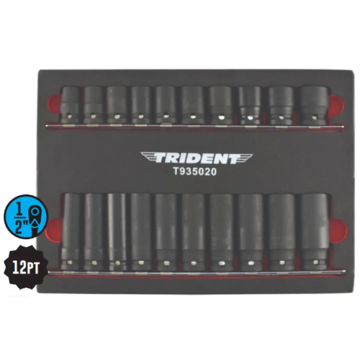 Trident 1/2" Drive 12 Point Short +Deep Impact Sockets 13-24Mm 20 Piece Set In Foam T935020 1