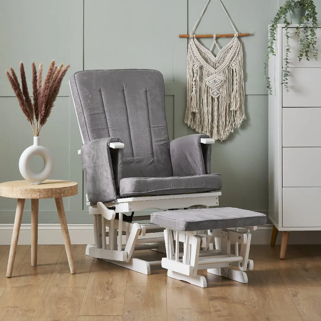 Obaby Deluxe Reclining Glider Chair And Stool - White With Grey Cushion 1