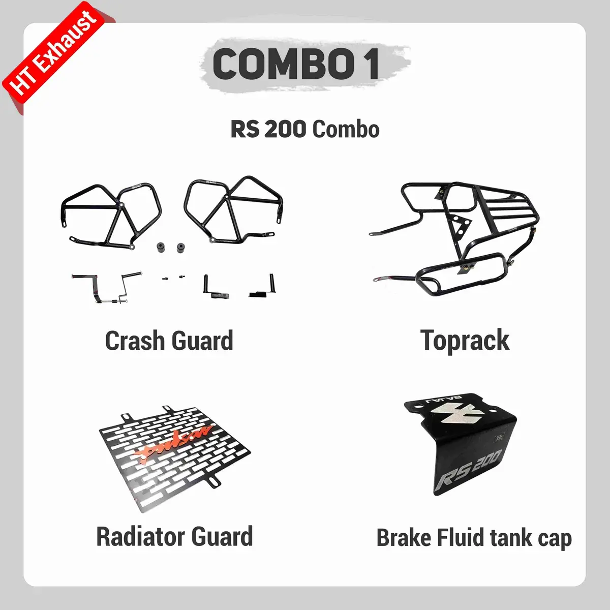 Combo 1 Pulsar Rs200 Crash Guard + Top Rack + Radiator Guard + Brake Fluid Tank Cap – Ht Exhaust 1