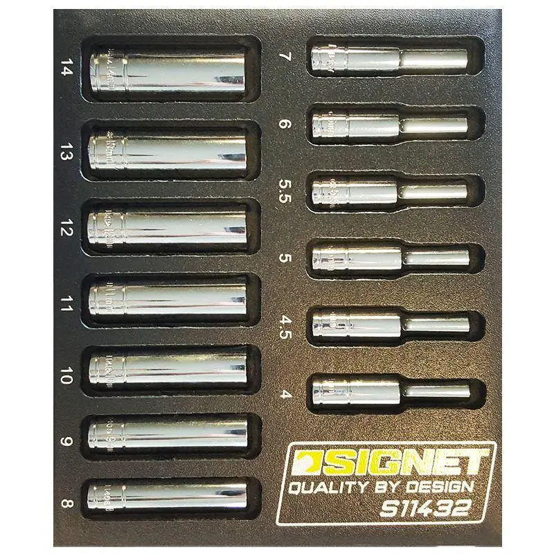 Signet 1/4" Drive. 6 Point. Deep Sockets. 4-14Mm Set. 13 Piece Set In Eva Foam S11432 1