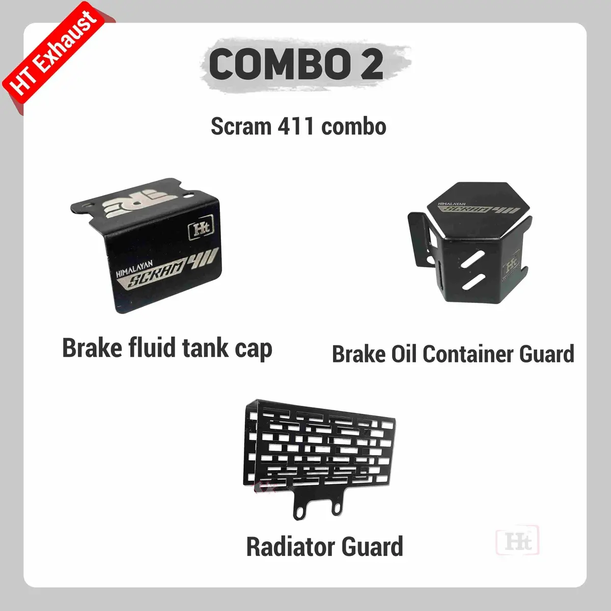 Combo 2 Scram 411 Brake Fluid Cap + Brake Oil Container Guard + Radiator Guard – Ht Exhaust 1