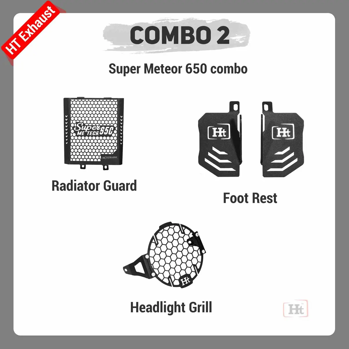 Combo 2 Super Meteor 650 Radiator Guard + Foot Rest + Headlight Grill – Ht Exhaust 1