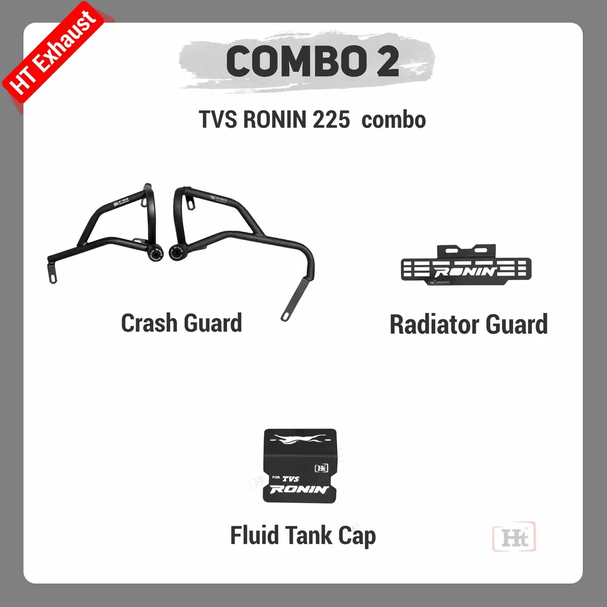 Combo 2 Tvs Ronin 225 Crash Guard + Radiator Guard + Fluid Tank  Cap – Ht Exhaust 1