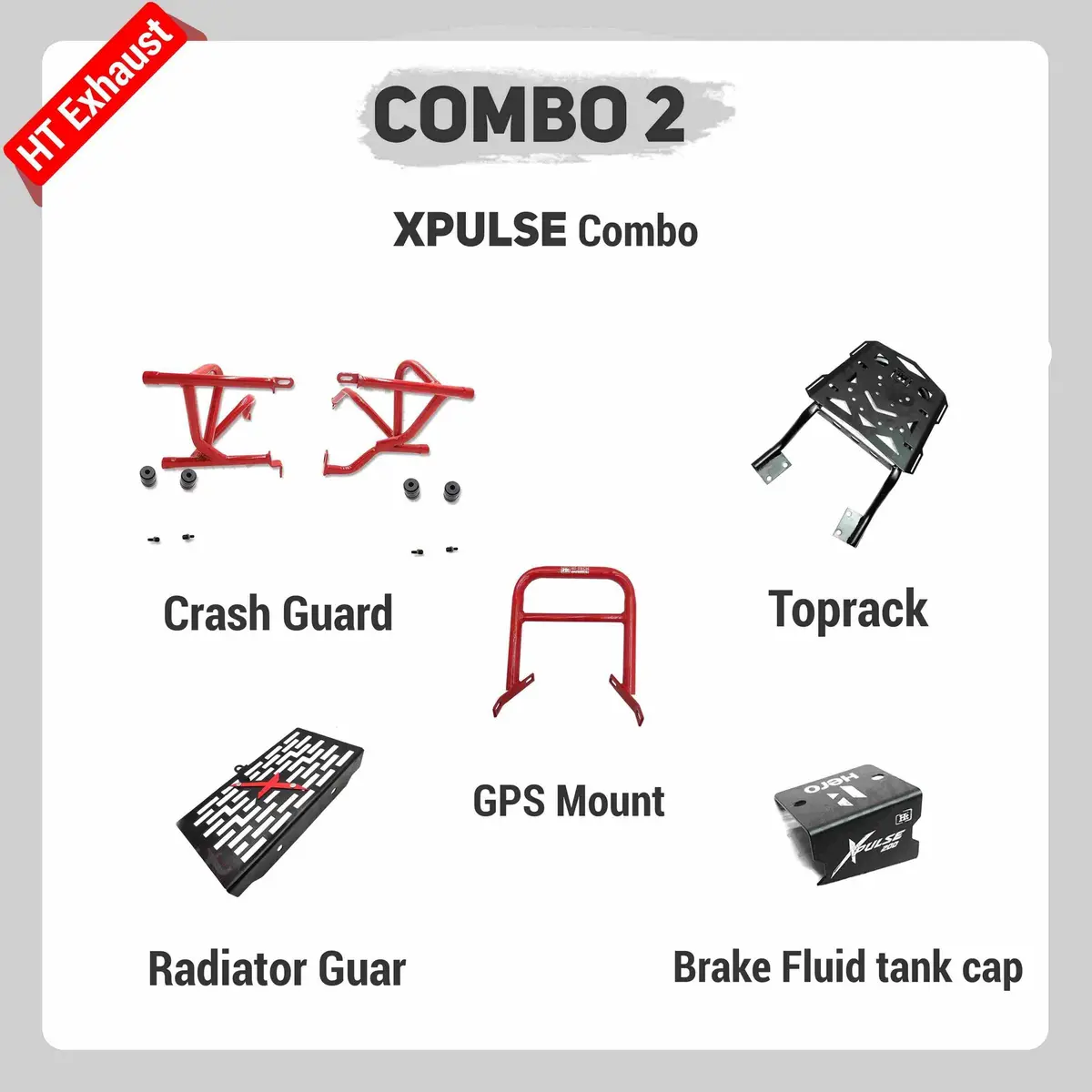 Combo 2 Xpulse Crash Guard + Top Rack Gps Mount + Radiator Guard + Brake Fluid Tank Cap – Ht Exhaust 1