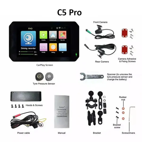 Aoocci C5 5 Pro Motorcycle Carplay With Front & Rear Dash Cam Ipx7 Waterproof With Built In Gps And Tpms - 1 Year Warranty 1
