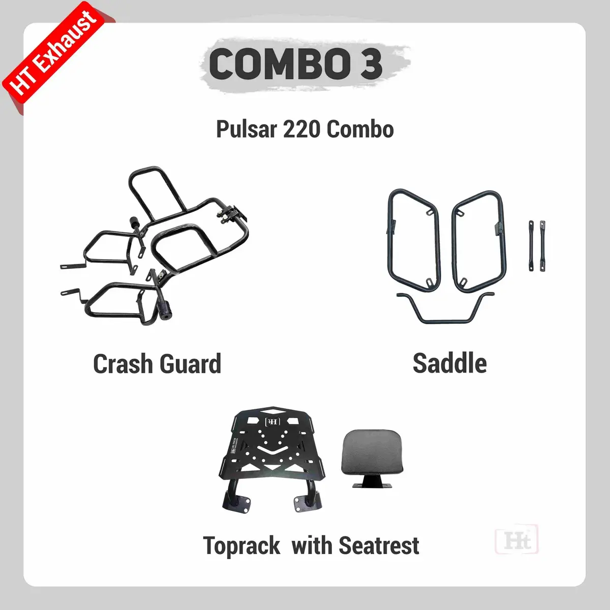 Combo 3 Pulsar 220 Crash Guard + Saddle + Top With Seat Rest – Ht Exhaust 1