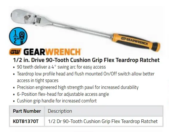 Kdt81370t Gearwrench 1/2" Drive 90-Tooth Flexi-Head Teardrop Ratchet Cushion Grip 1