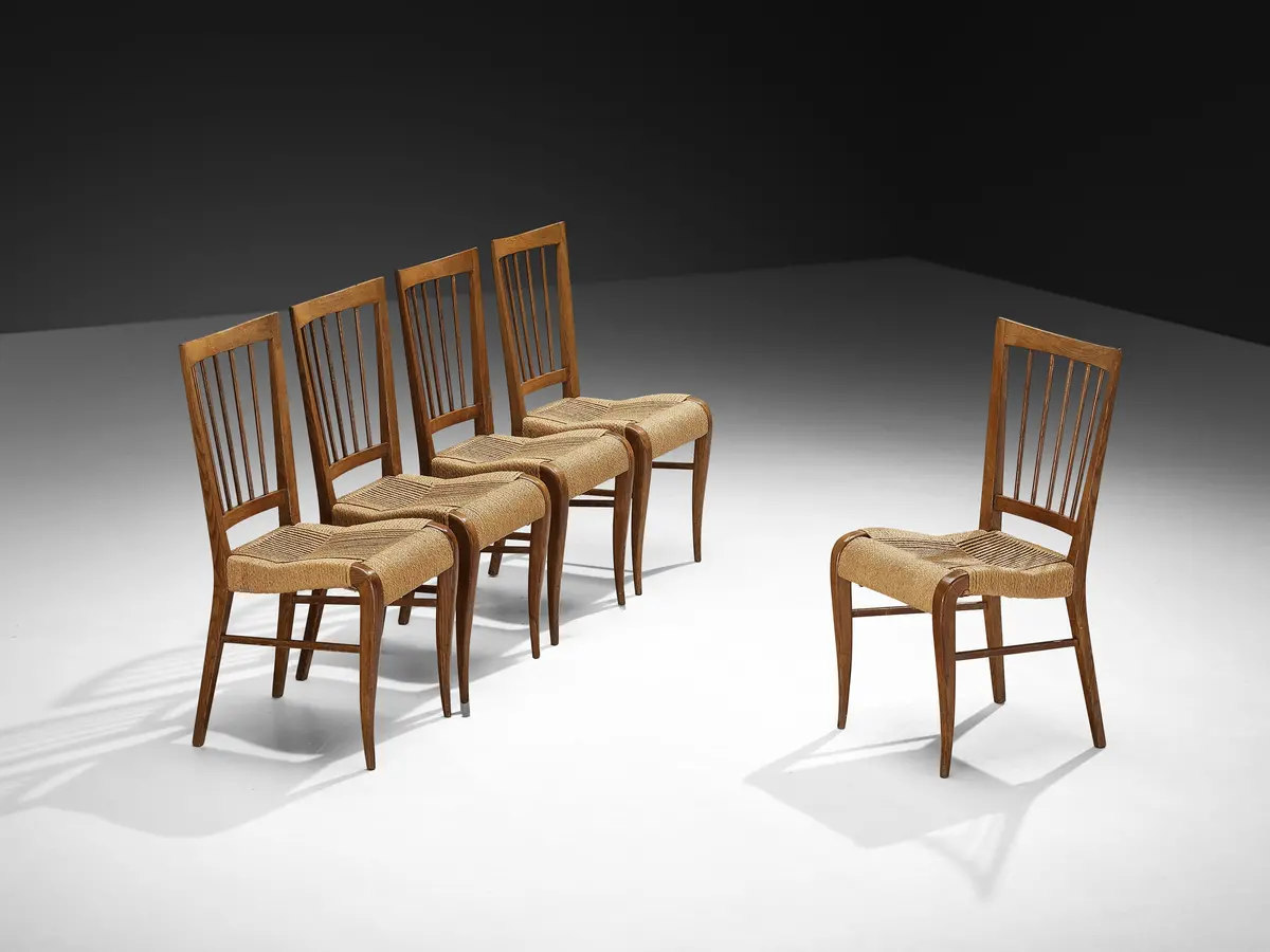 1940S French Set Of Five Dining Chairs In Chestnut And Rush 1