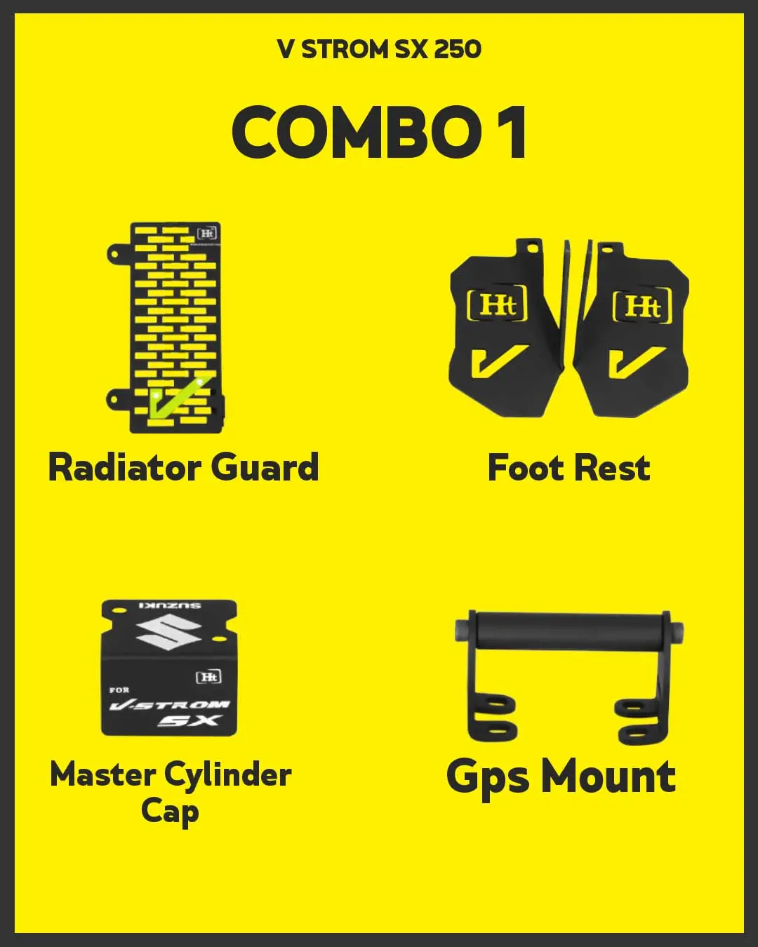 Combo 1 V Strom Sx 250 Radiator Guard + Foot Rest + Master Cylinder Cap + Gps Mount – Ht Exhaust 1