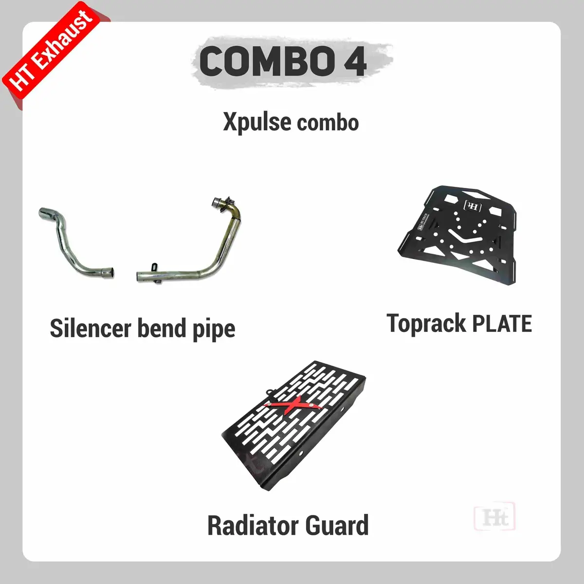 Combo 4 Xpulse Silencer Bend Pipe + Top Rack Plate + Radiator Guard – Ht Exhaust 1