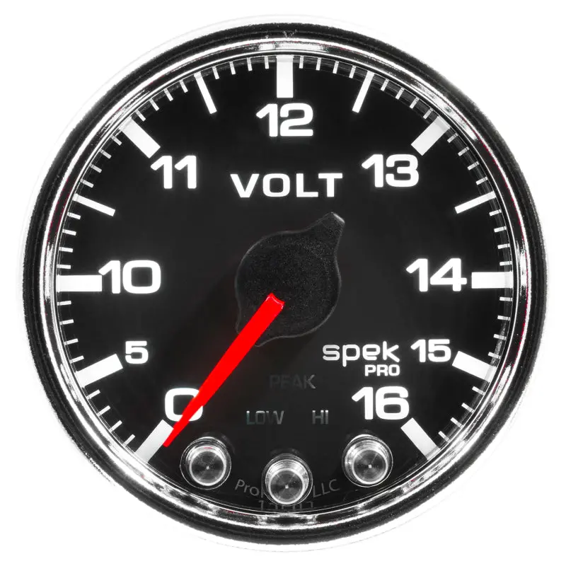 Autometer Spek-Pro Stepper Motor Voltmeter – 2-1/16", 16V, Peak Hold & Warning, Black/Chrome 1